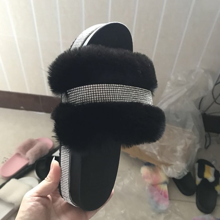 Women Bling Fluffy Slippers Fur Slides Platform Wedges Heel Solid