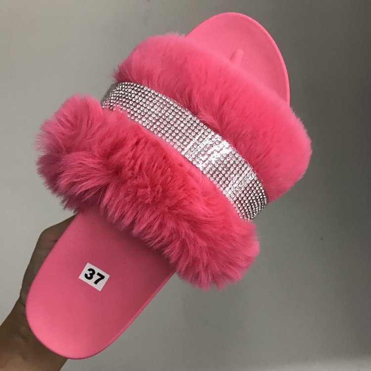 Women Bling Fluffy Slippers Fur Slides Platform Wedges Heel Solid