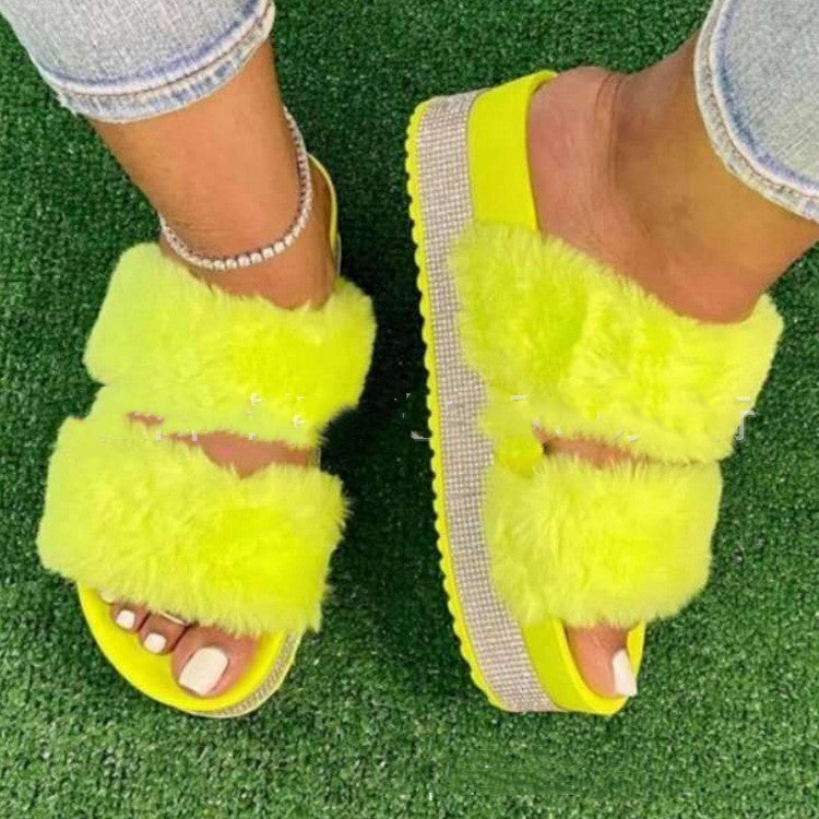 Women Bling Fluffy Slippers Fur Slides Platform Wedges Heel Solid