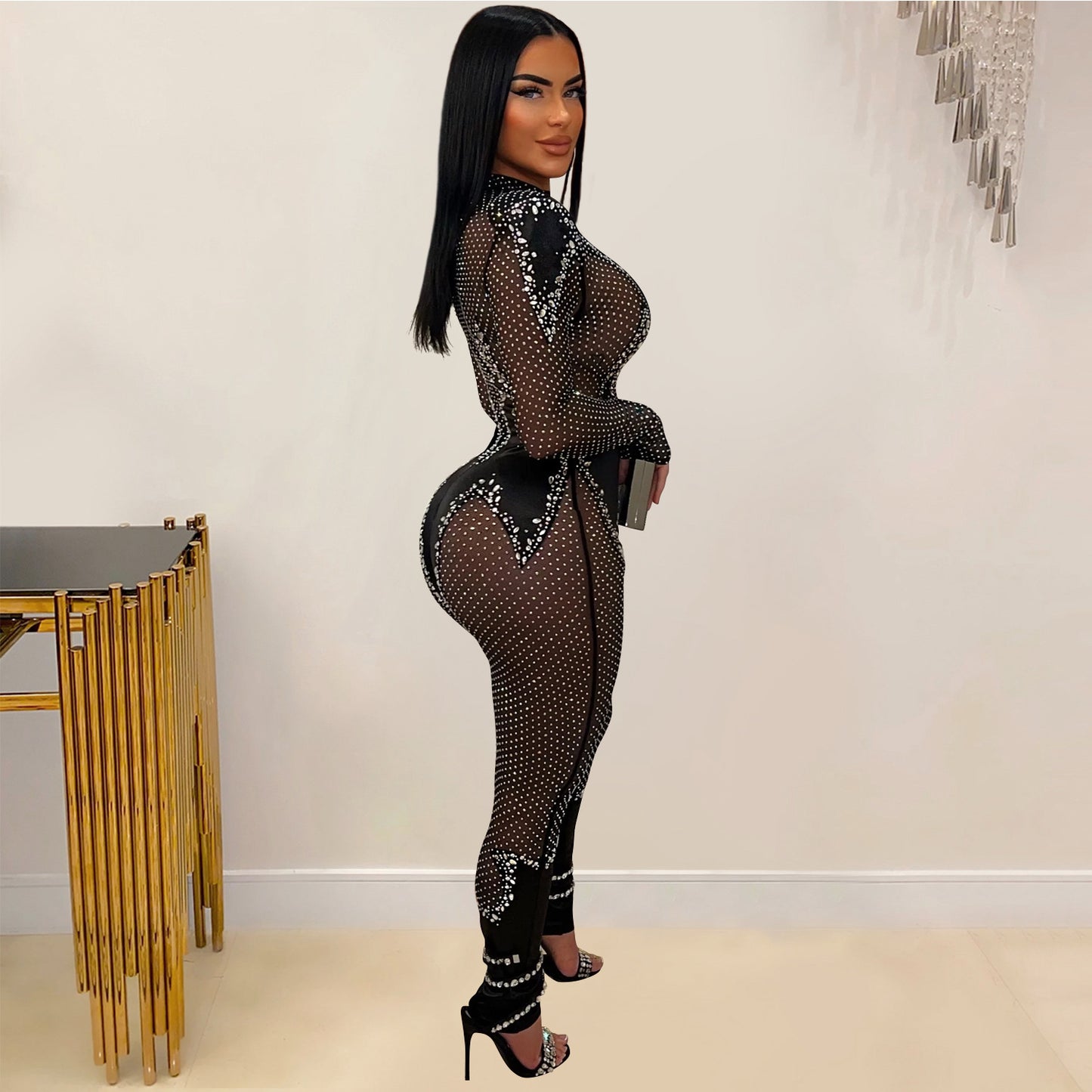 Wear Pure Color Mesh Rhinestone Long-sleeved Trousers Jumpsuit