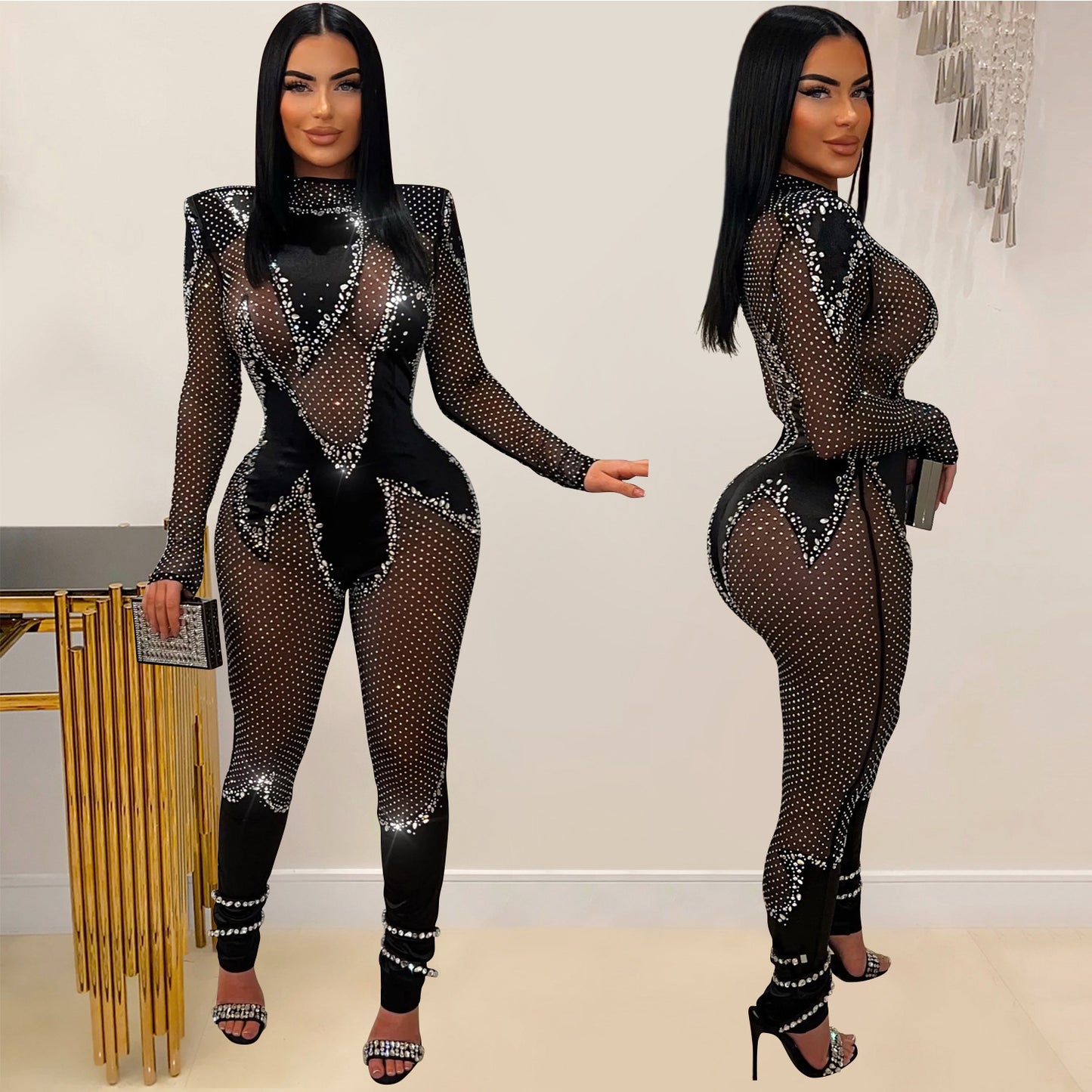 Wear Pure Color Mesh Rhinestone Long-sleeved Trousers Jumpsuit