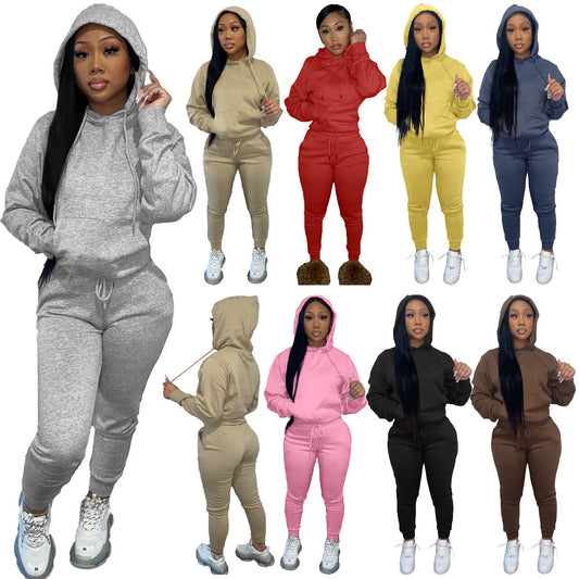 Autumn And Winter Plus Fleece Hooded Sweater Two-piece Casual Sports Suit Women