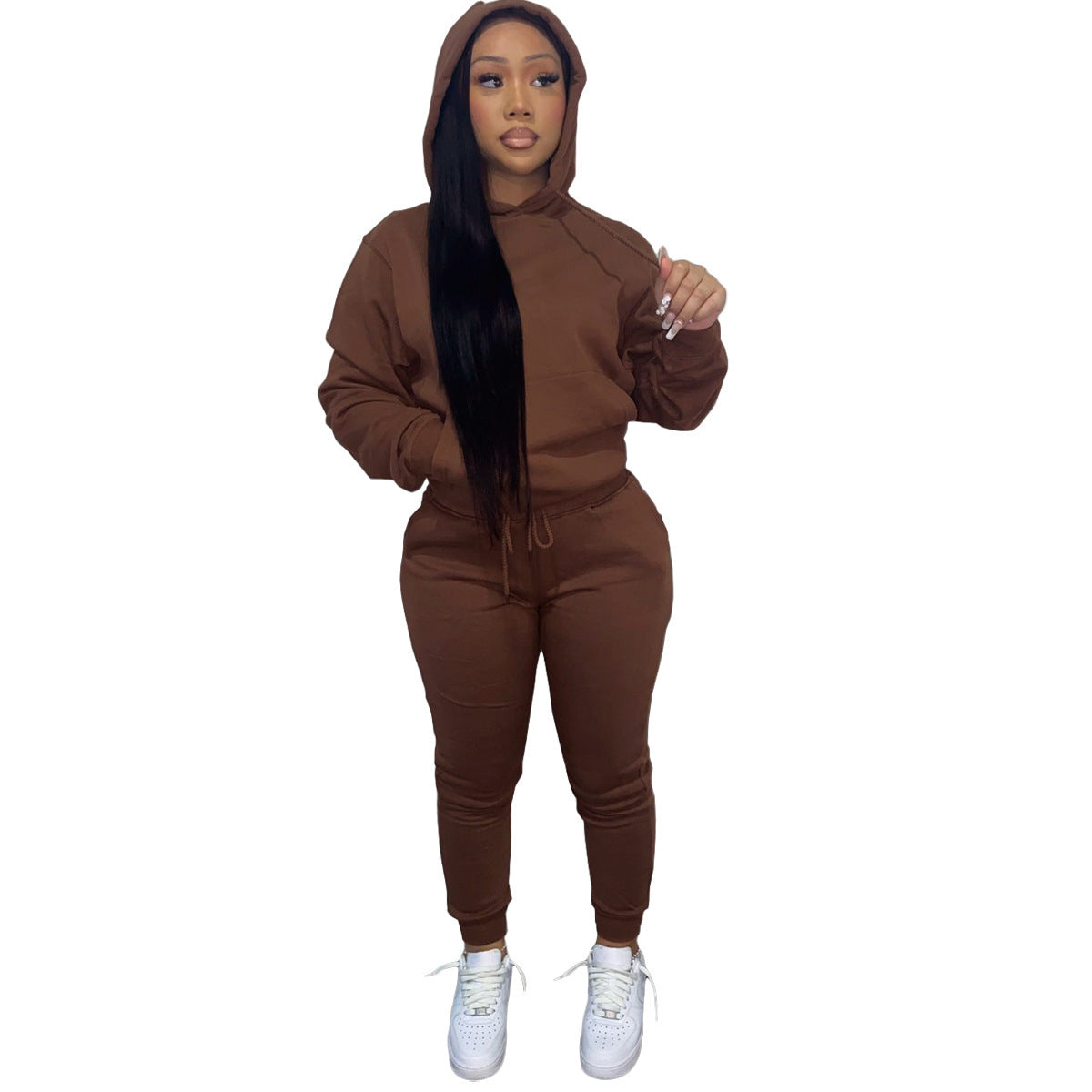 Autumn And Winter Plus Fleece Hooded Sweater Two-piece Casual Sports Suit Women