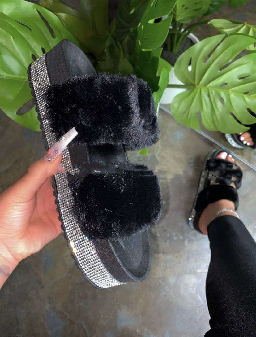 Women Bling Fluffy Slippers Fur Slides Platform Wedges Heel Solid