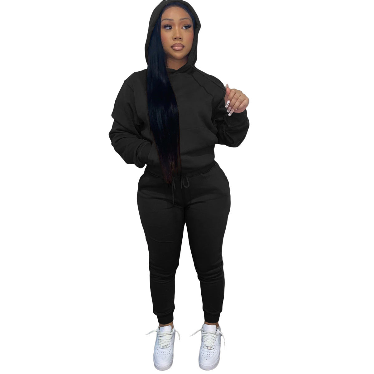 Autumn And Winter Plus Fleece Hooded Sweater Two-piece Casual Sports Suit Women