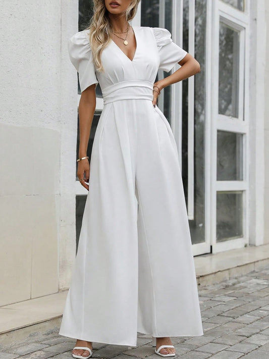 V-Neck Short Sleeve Wide Leg Jumpsuit